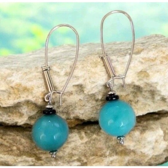 Green Faceted Stone Amazonite Large Bead Dangle Drop Earrings Long Wire Hooks - Picture 1 of 7